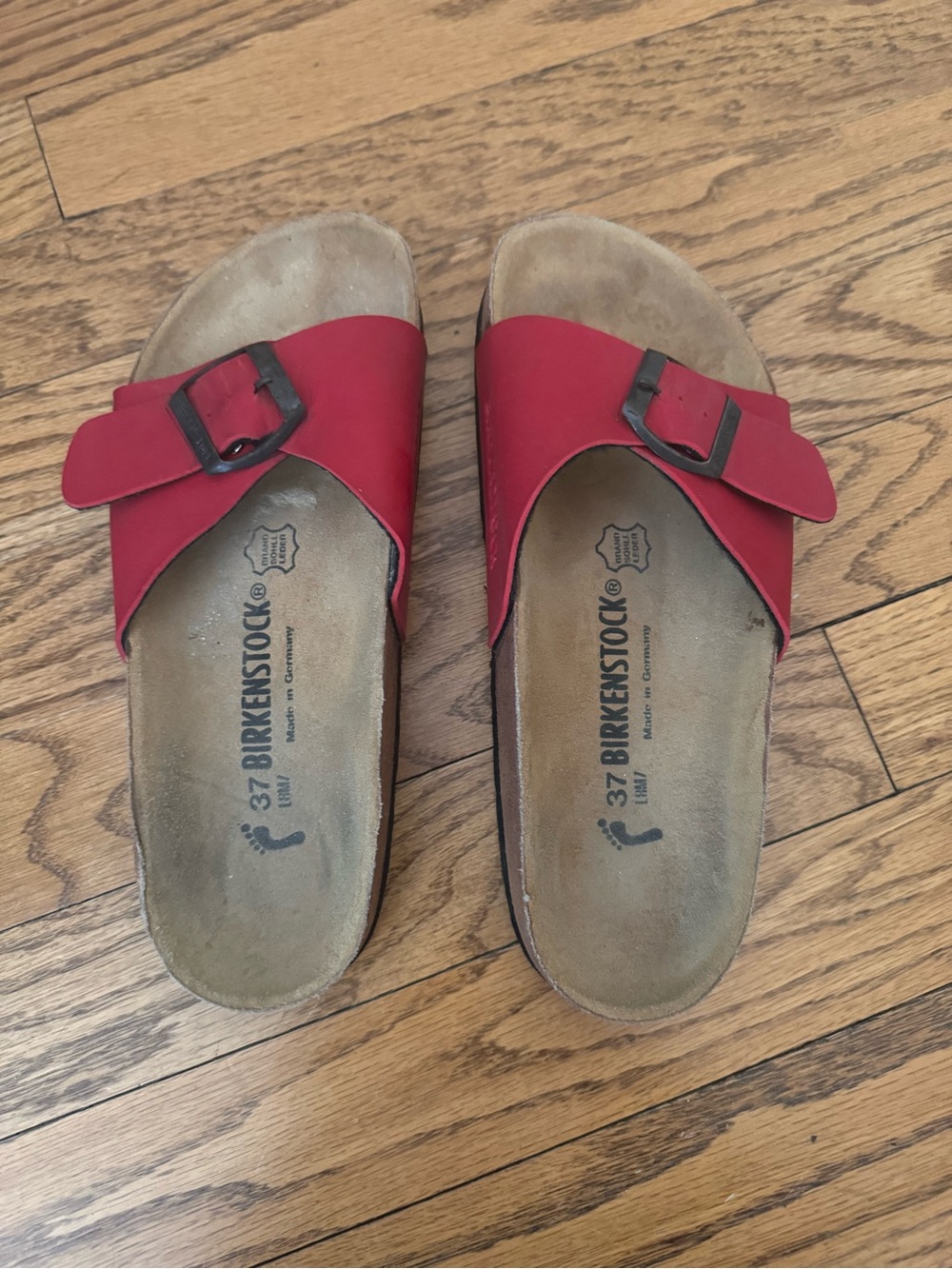 Birkenstock Madrid Women's Red Single-Band Slide with Adjustable Buckle
